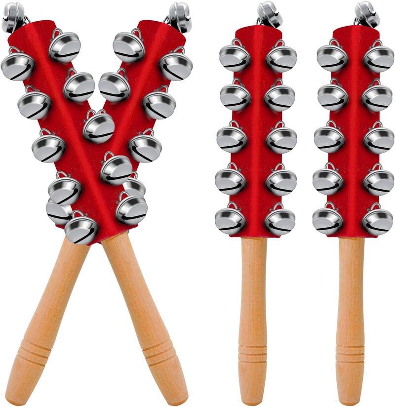 Kidum 4 Pcs Christmas Sleigh Bells Wooden Handle Jingle Bells Instrument Musical Hand Bell Shaker Rattle Musical Percussion Instrument for Xmas Holiday Party (Red) - Image 1